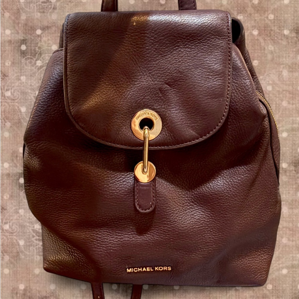 Michael Kors Pebbled Leather Backpack – Deep Burgundy with Gold Hardware